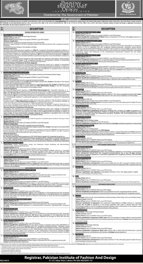 PIFD Pakistan Institute Of Fashion And Design Lahore Jobs 2025