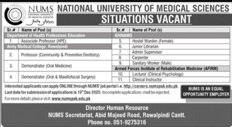 National University Of Medical Sciences NUMS Rawalpindi Apply Jobs 2025